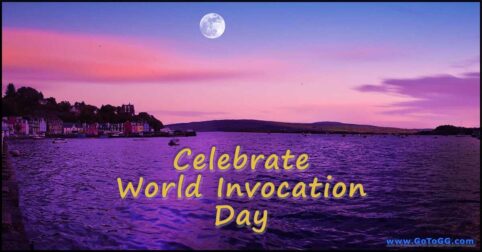 full moon setting over the bay with title Celebrate World Invocation Day